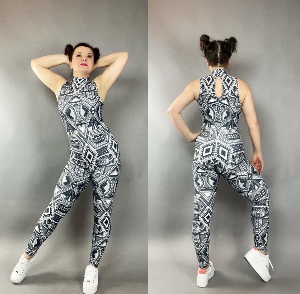 Spandex catsuit, yoga jumpsuit, exotic dance wear, geometric print, Spandex bodysuit, unisex clothing, Trending Now.