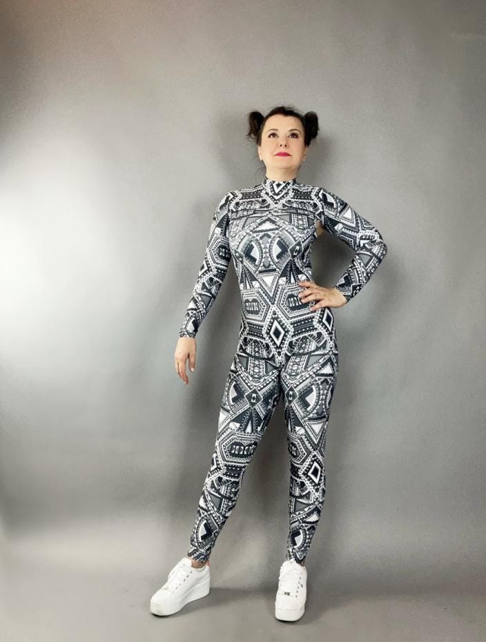 Spandex catsuit, yoga jumpsuit, exotic dance wear, geometric print, Spandex bodysuit, unisex clothing, Trending Now.