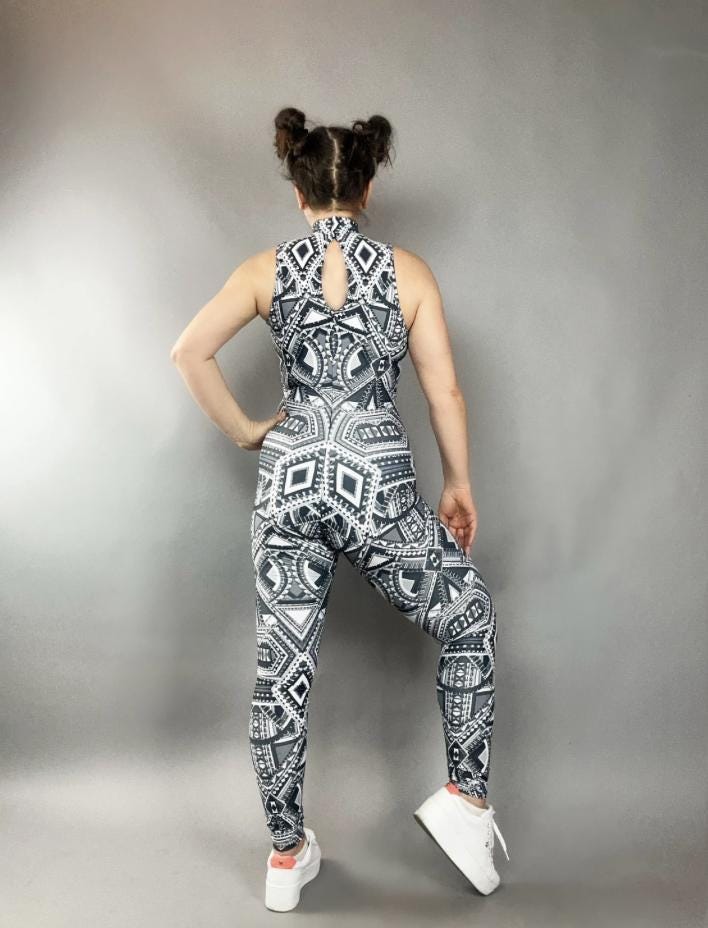 Spandex catsuit, yoga jumpsuit, exotic dance wear, geometric print, Spandex bodysuit, unisex clothing, Trending Now.