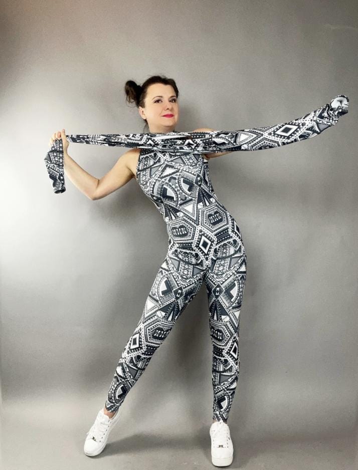Spandex catsuit, yoga jumpsuit, exotic dance wear, geometric print, Spandex bodysuit, unisex clothing, Trending Now.