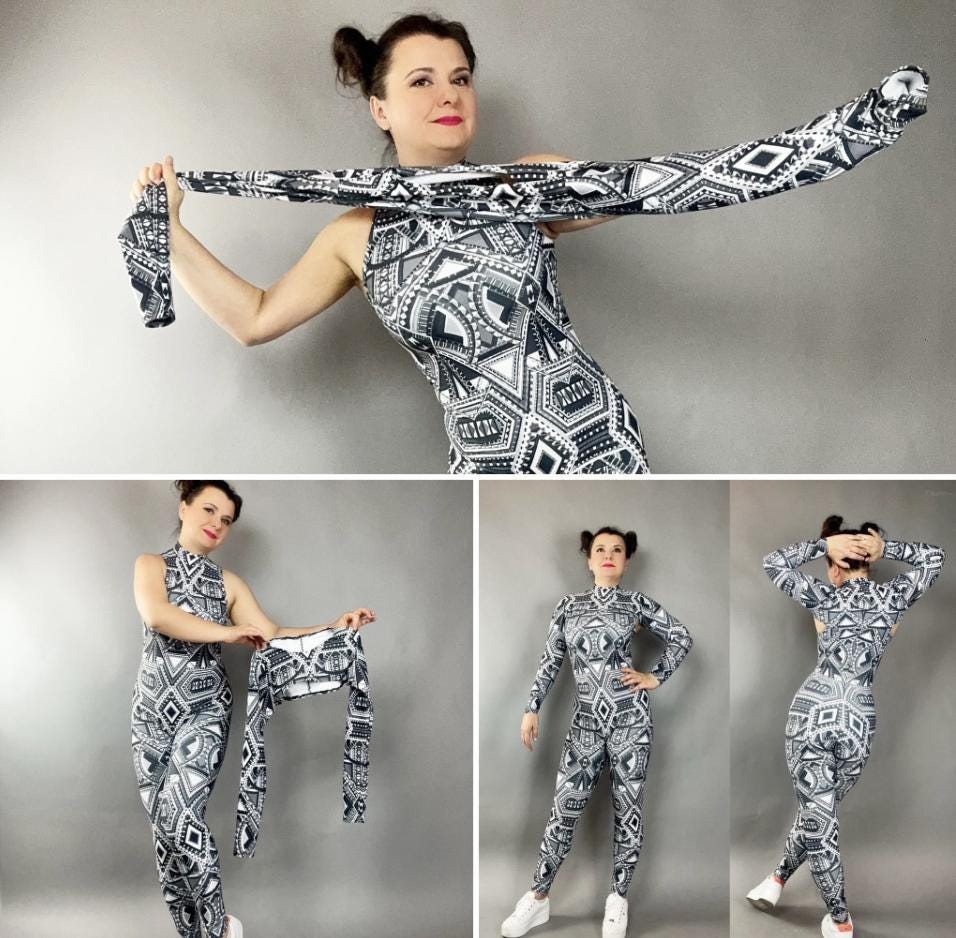 Spandex catsuit, yoga jumpsuit, exotic dance wear, geometric print, Spandex bodysuit, unisex clothing, Trending Now.