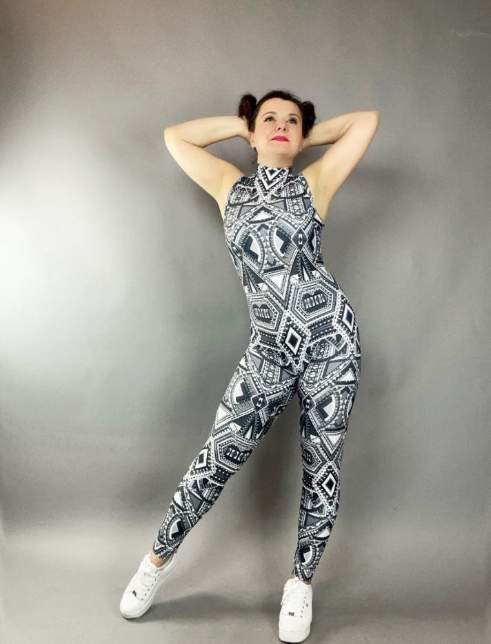 Spandex catsuit, yoga jumpsuit, exotic dance wear, geometric print, Spandex bodysuit, unisex clothing, Trending Now.