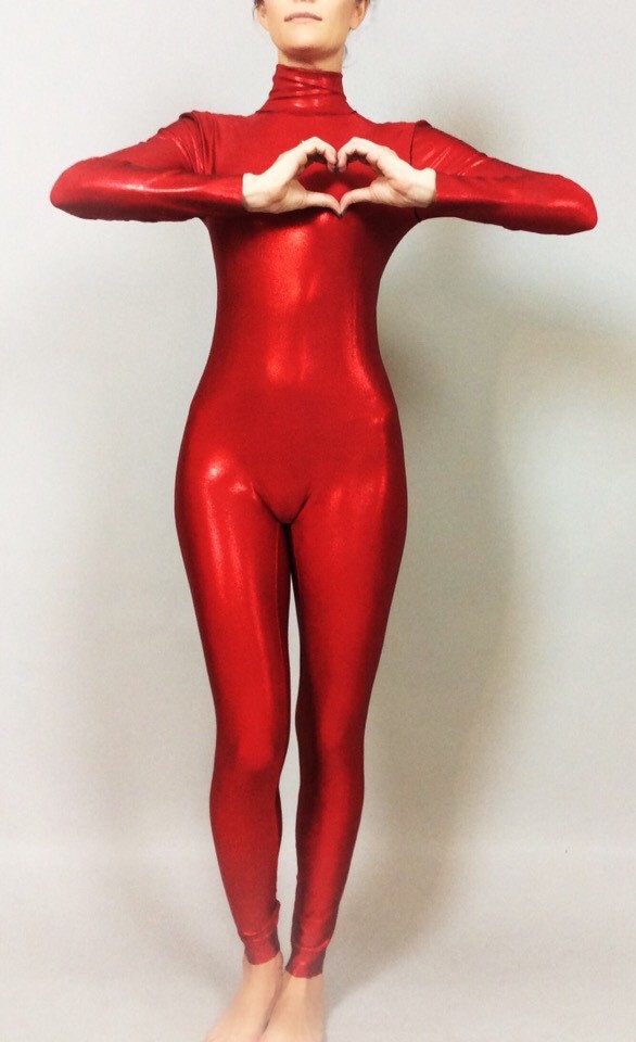 Shiny Red Catsuit, Turtleneck, Long Sleeves