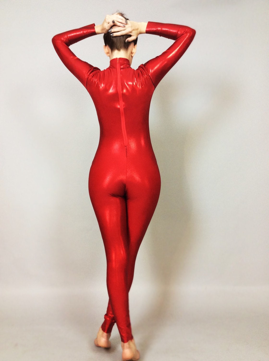 Shiny Red Catsuit, Turtleneck, Long Sleeves