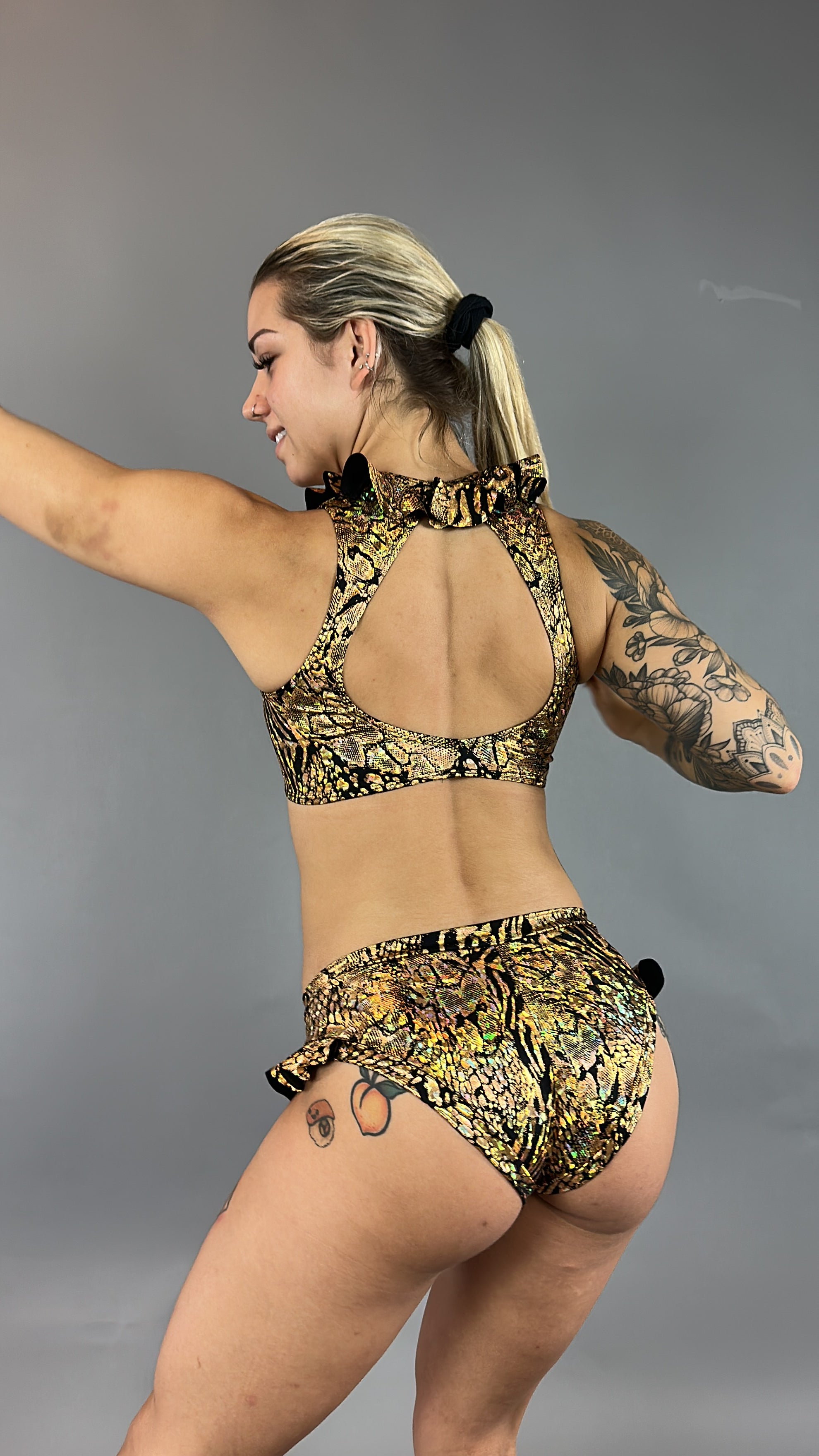 Gold & Black Snakeskin Crop Top & Bottom Set, Open Back, Cheeky Bottoms