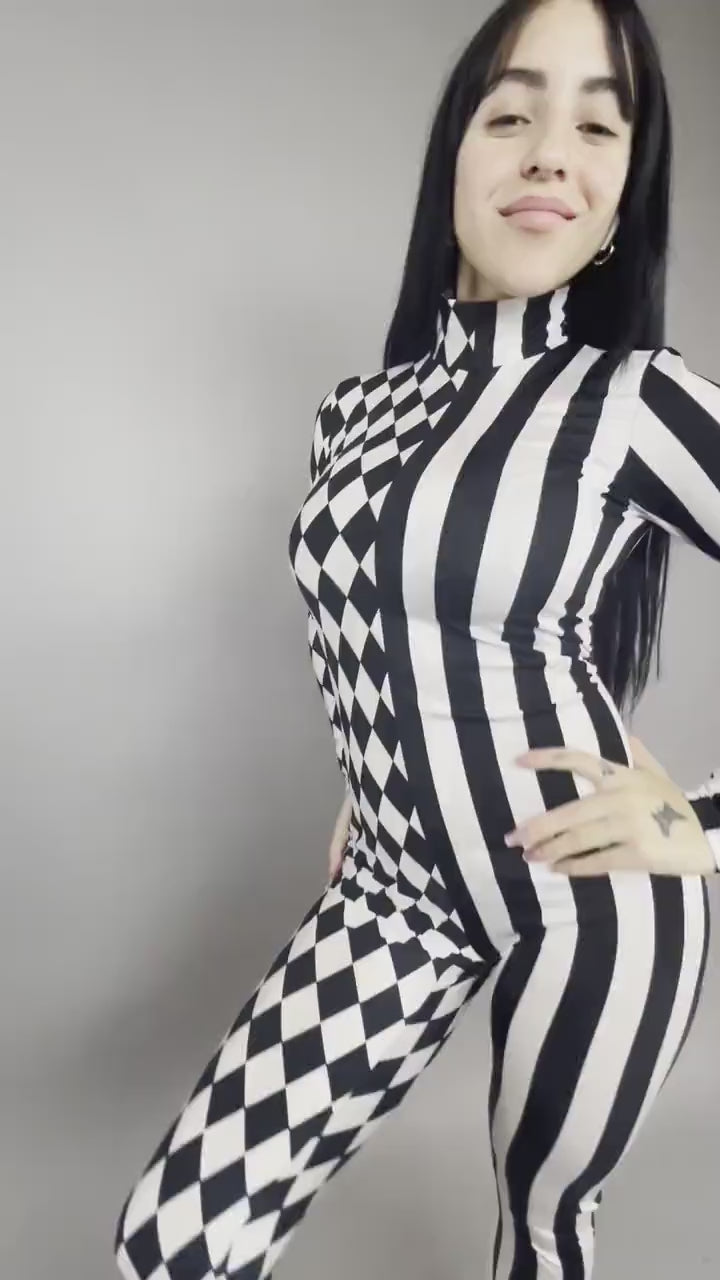 Black and White Split Fabric Catsuit, Stripes and Diamond Jumpsuit, Full Sleeves, Turtleneck