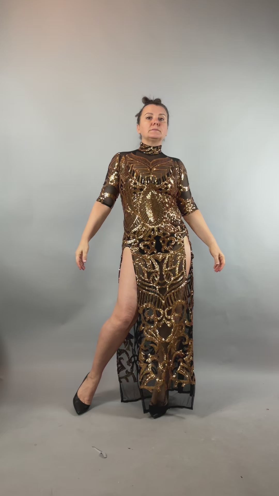 Gold Sequin on Black Sheer Dress, Thigh-High Slits, Turtleneck