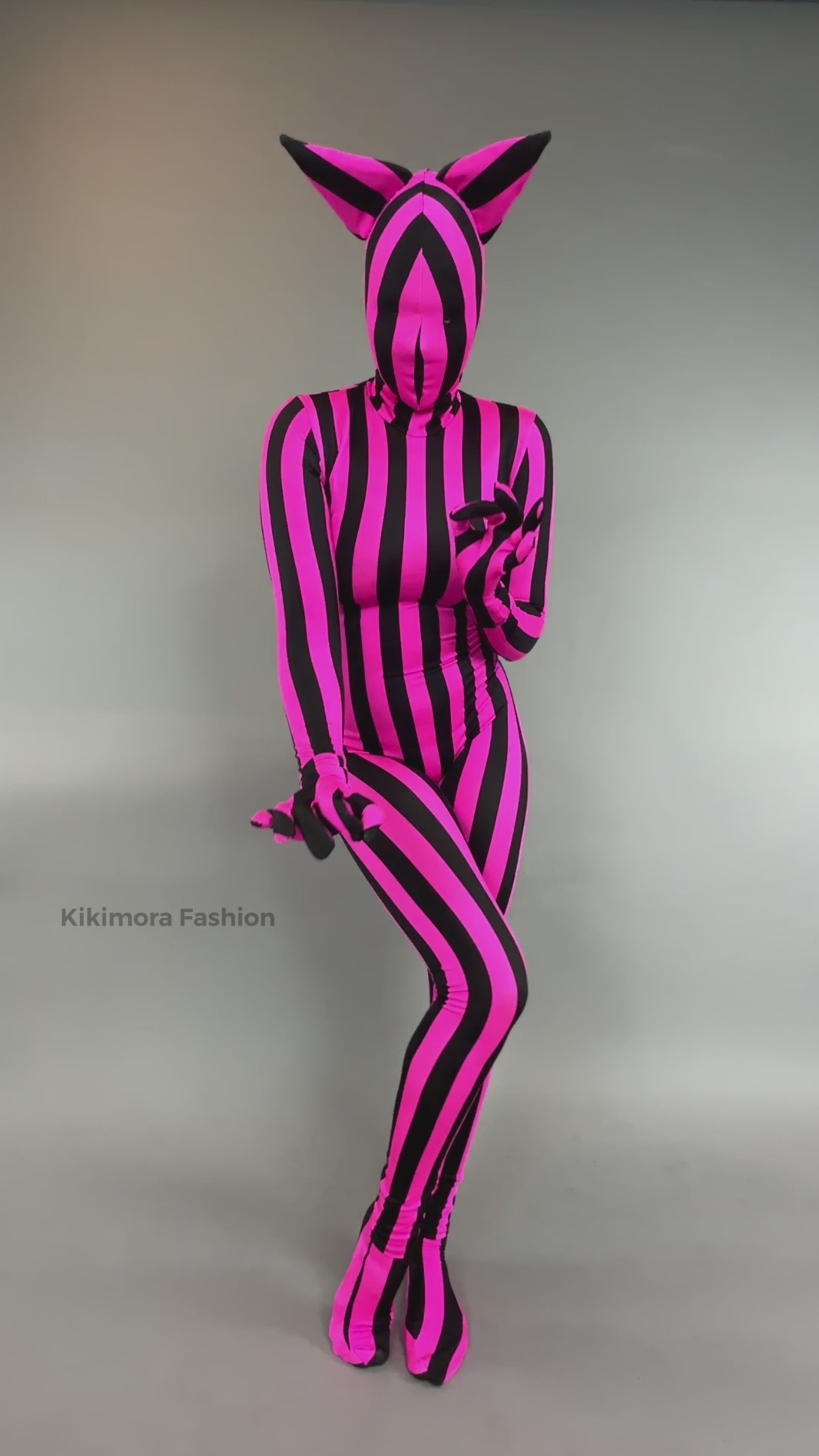 Pink And Black Stripe Full Body Cat Costume, Turtleneck, Full Sleeves Catsuit, Includes Headpiece