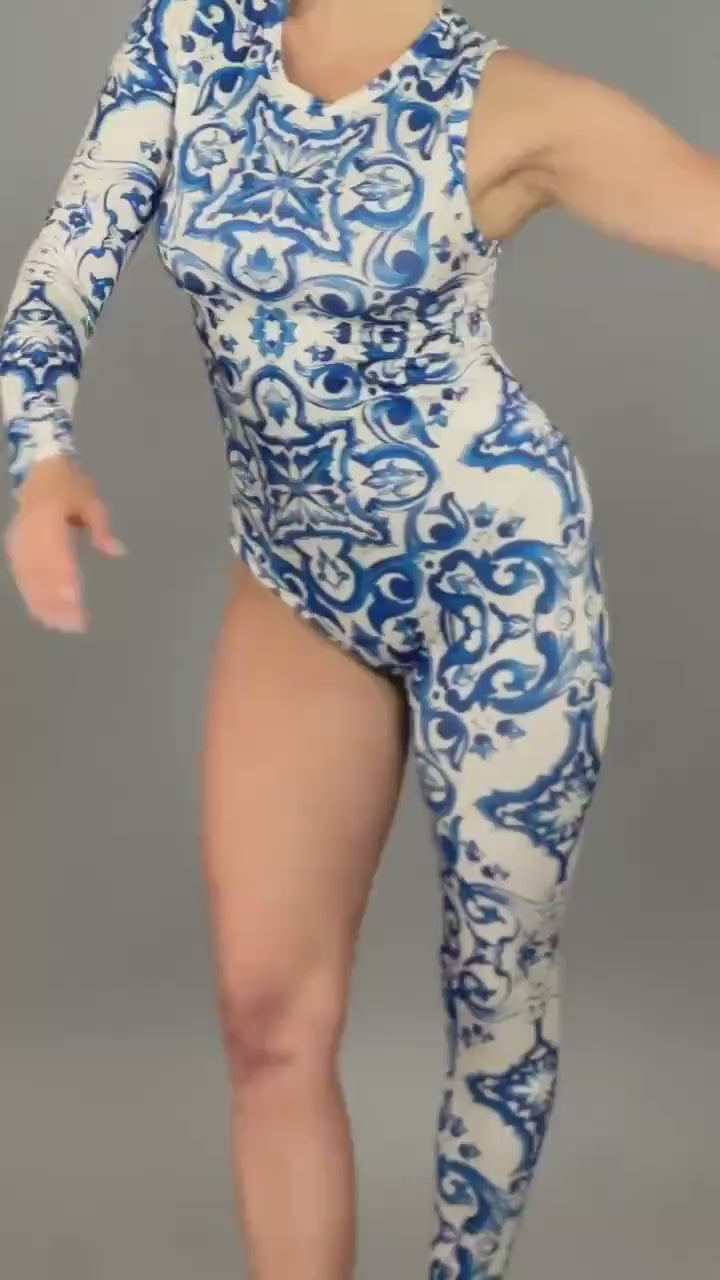 Porcelain print catsuit, Exotic dance wear, Beautiful jumpsuit for gymnast, Trending now, Dance teacher gift, Aerislist gift.