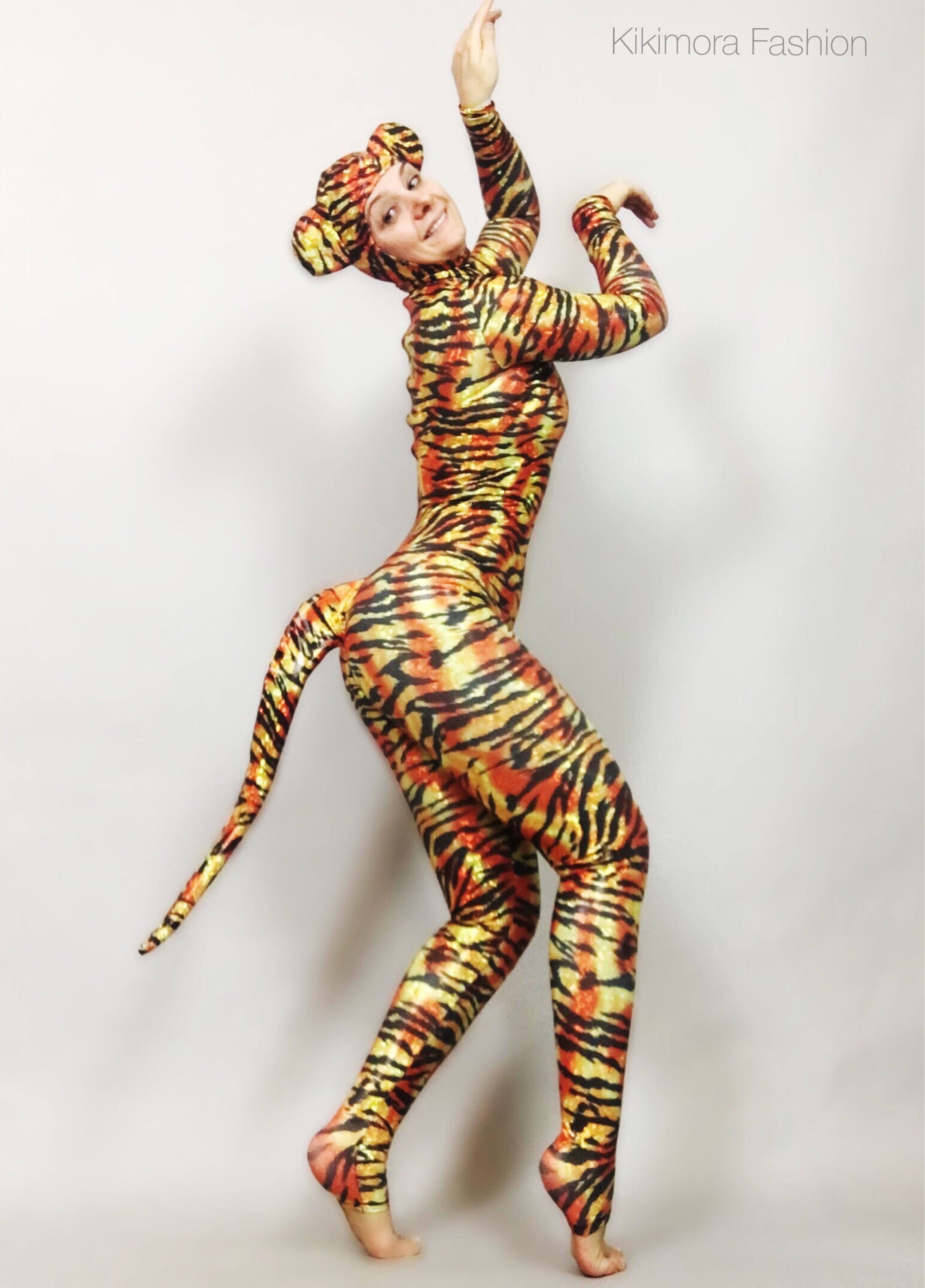Adult Halloween Costume for Women or Men, Halloween Costume, Cat Headpiece, Cat Tail, Tiger Bodysuit, One Piece Tiger Catsuit