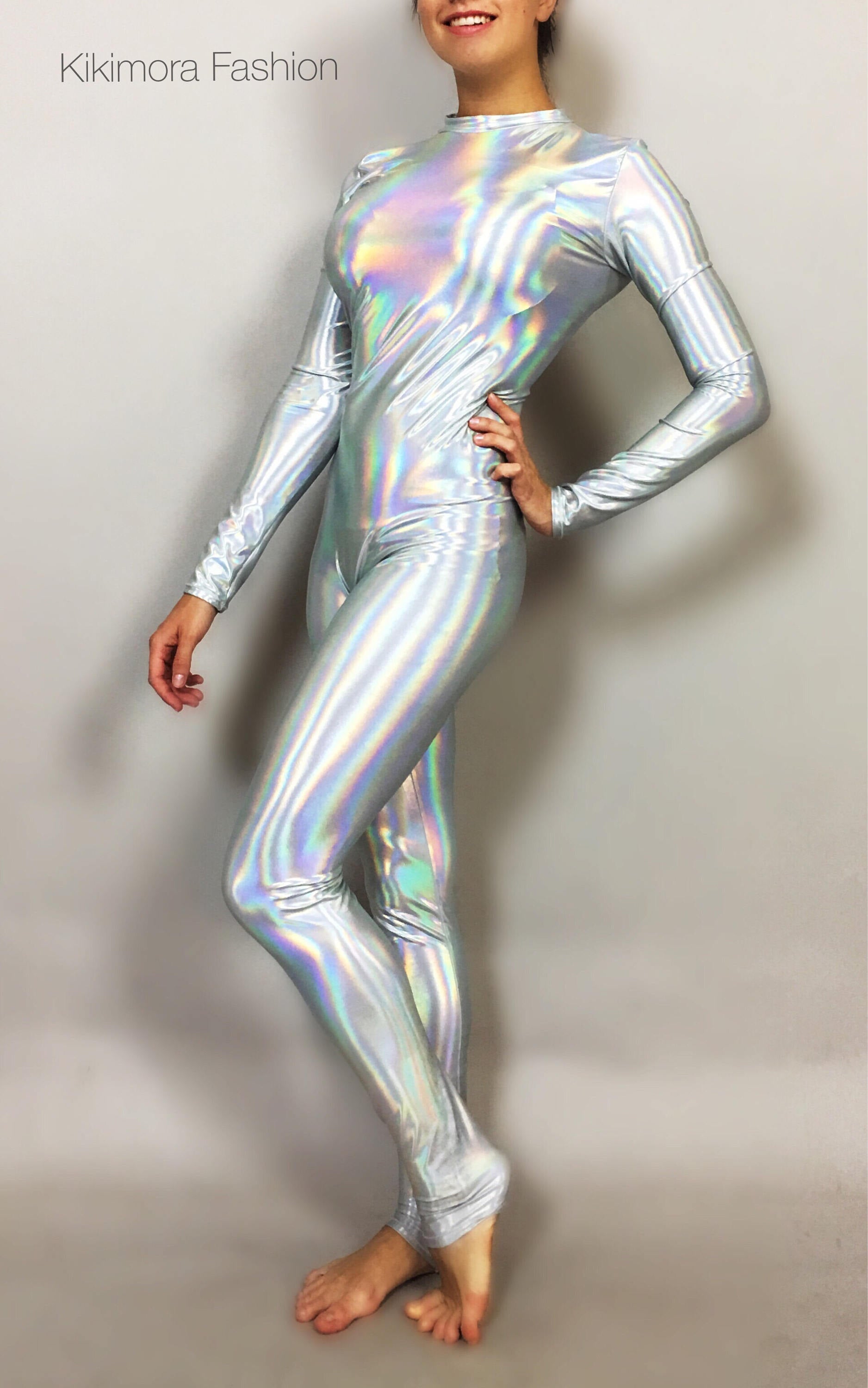 Hologram Iridescent White Silver Catsuit Spandex Jumpsuit Unitard