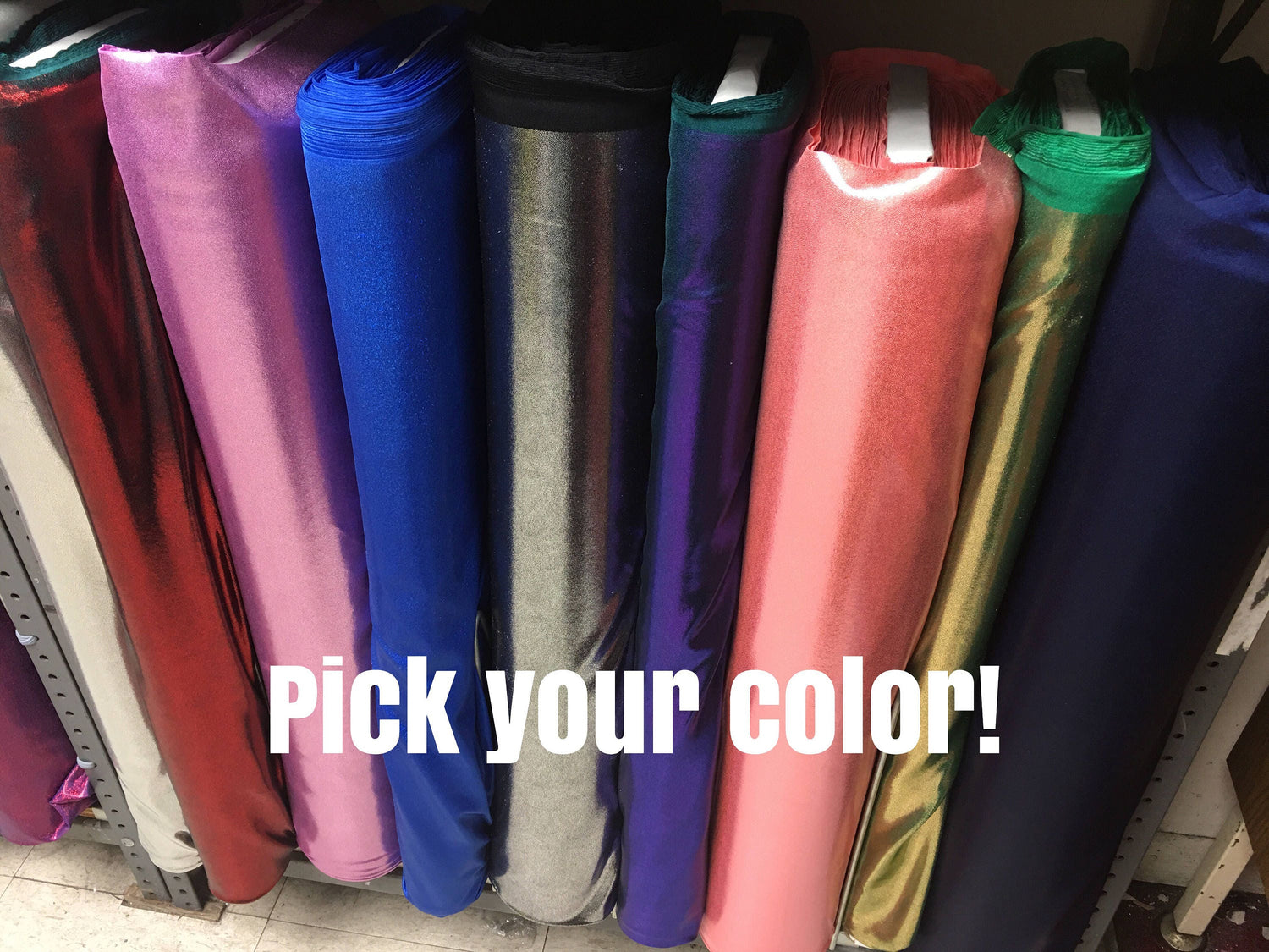 Vertical rows of vibrant fabric, featuring shimmering holographic Lycra, with text overlay: "Choose Your Color!" Ideal for futuristic clothing and exotic dancewear like the Robot Costume Spandex Bodysuit. Trending now!.