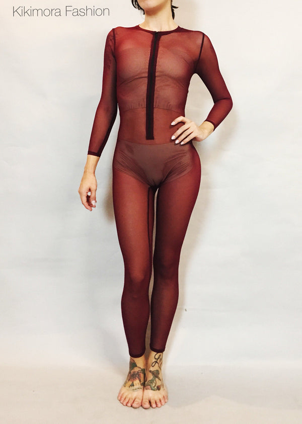 Dark Cherry Mesh Catsuit, Bodysuit, Costume for Dancers, Circus Performers, Festival Party