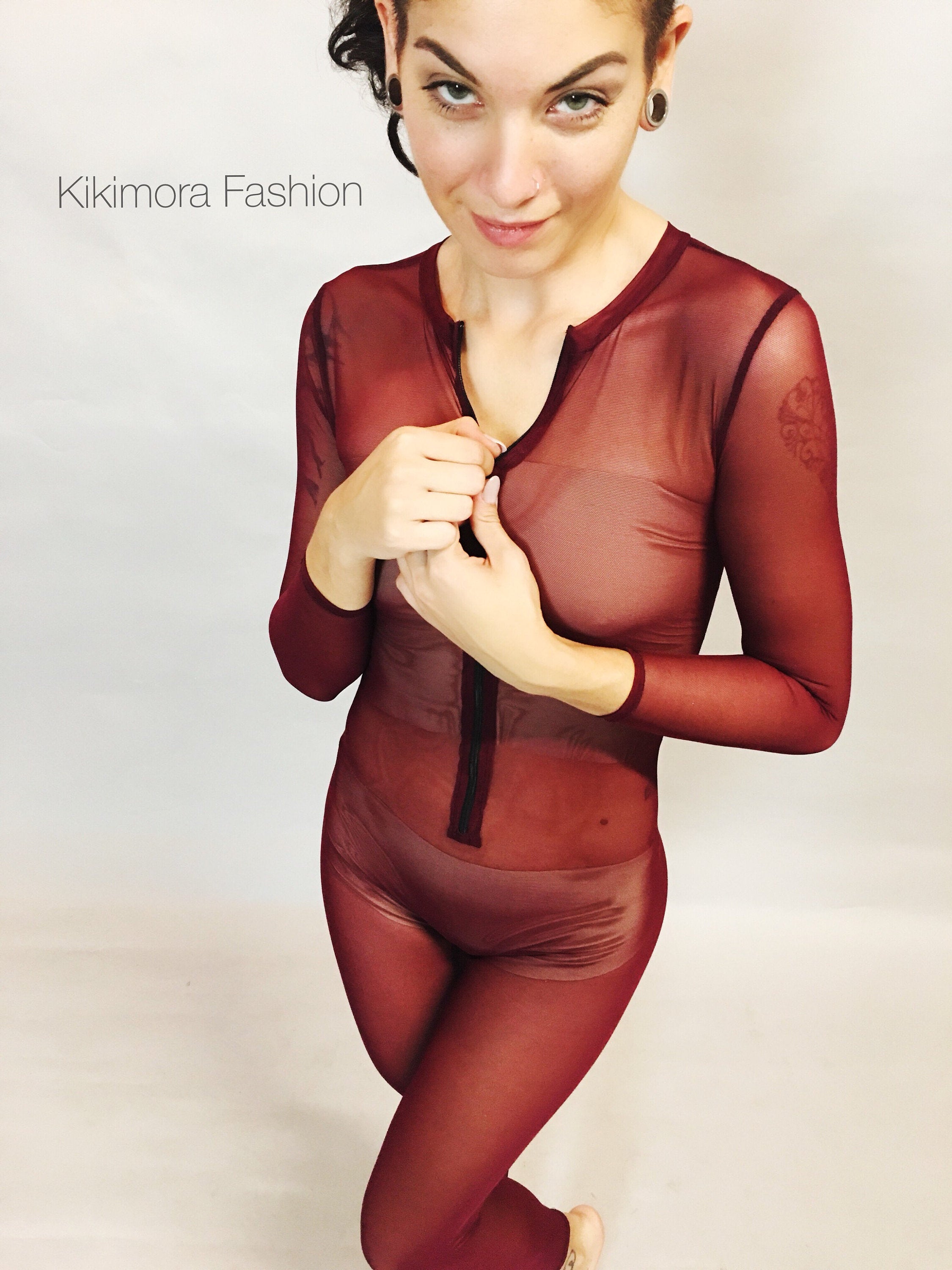 Dark Cherry Mesh Catsuit, Bodysuit, Costume for Dancers, Circus Performers, Festival Party
