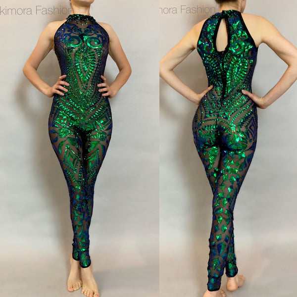 Deep Forest, Glamour Catsuit, Sequins Jumpsuit, Stage Costume, Gymnastic and Party Outfit