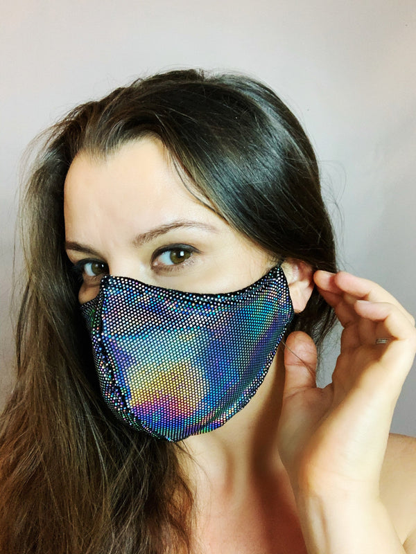 Beautiful Black Iridescent Face Mask, Breathing Mask, Reusable Shiny Velvet, HEPA Filter