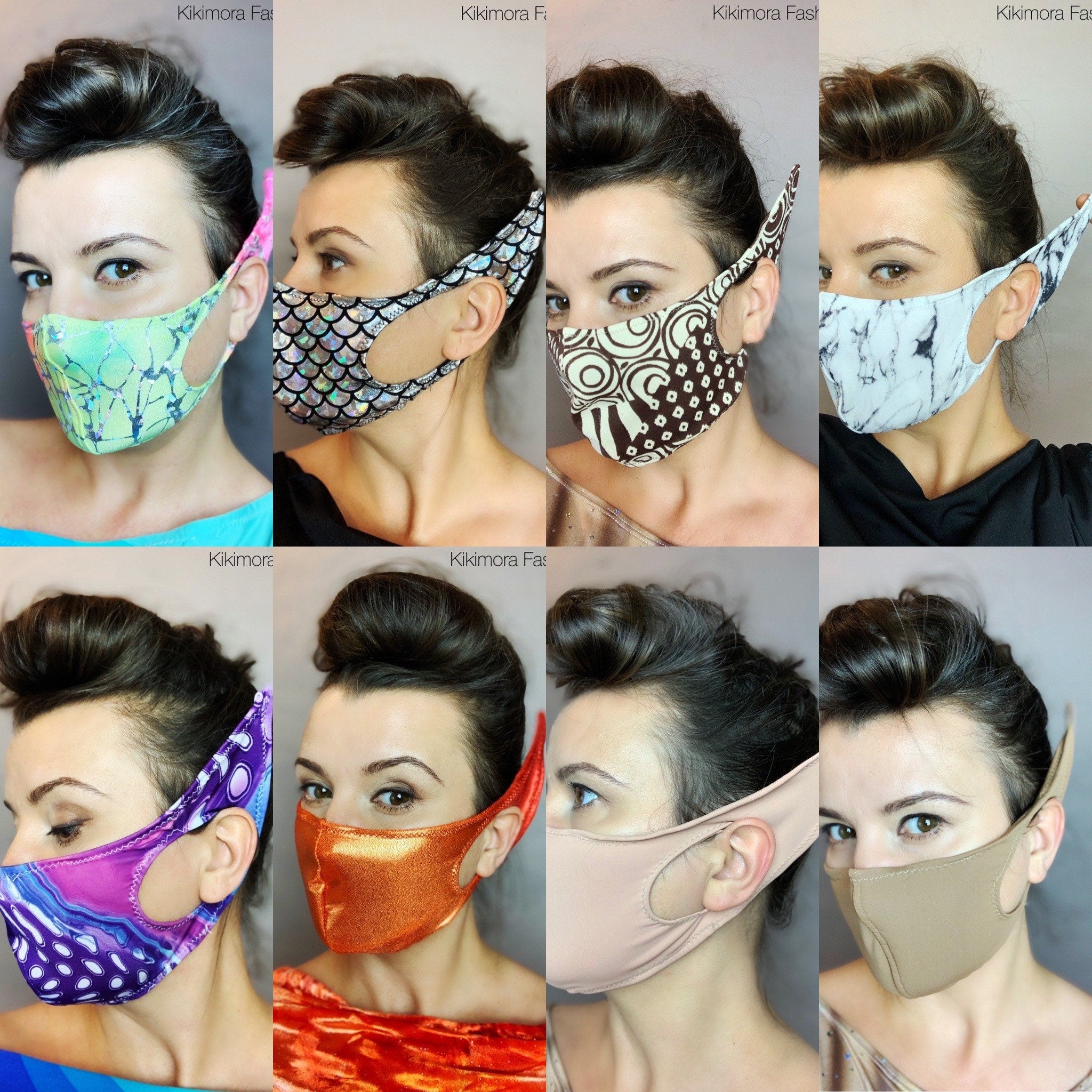 A woman models eight unique Elf Ears Cosplay Face Masks, including a Lycra design, each with distinct patterns and colors, displayed in a grid.
