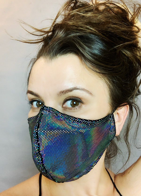Beautiful Black Iridescent Face Mask, Breathing Mask, Reusable Shiny Velvet, HEPA Filter
