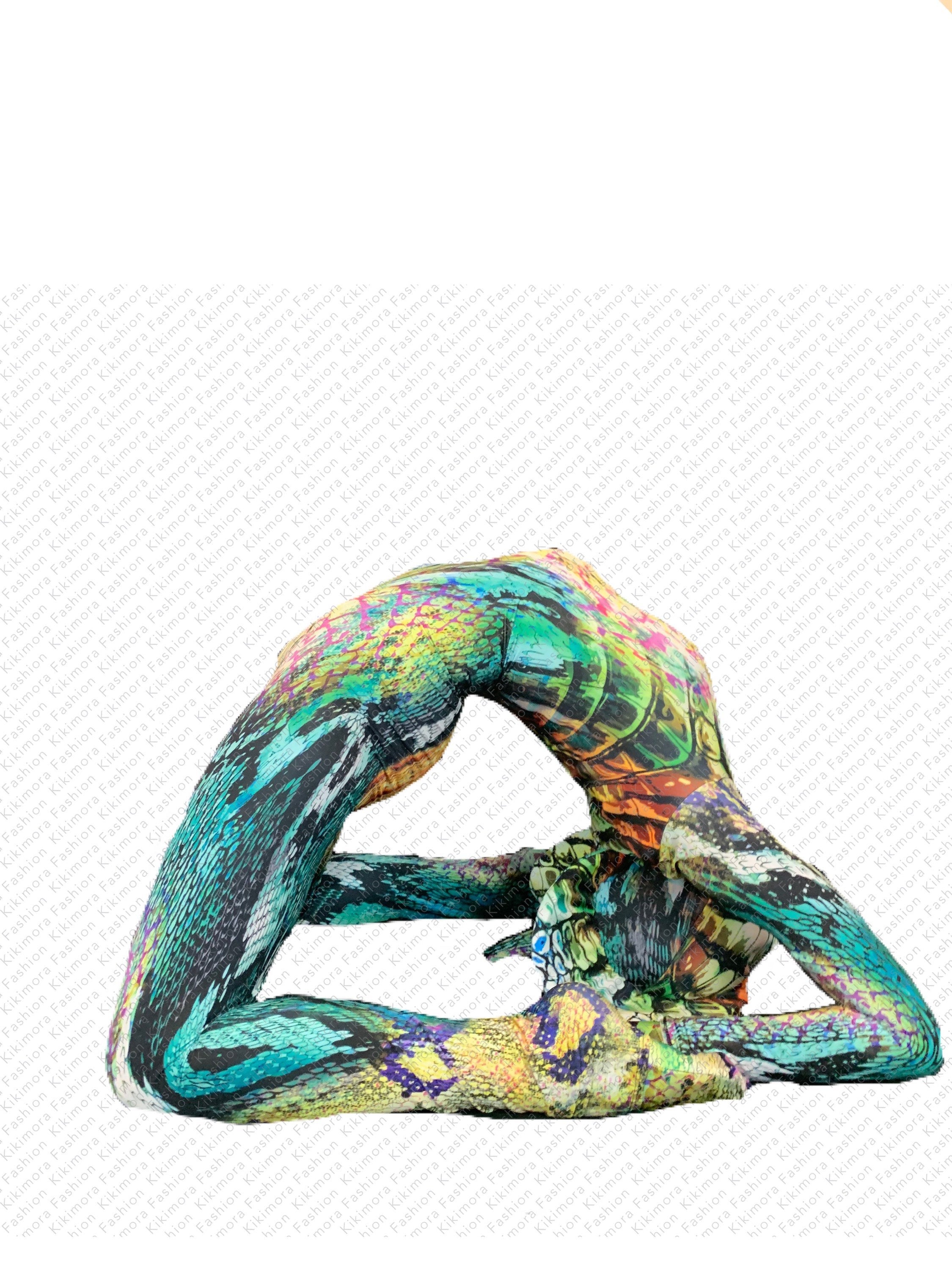 A person in the Fantasy Creature Snake Costume Zentai Jumpsuit for Women or Men performs a flexible backbend pose on a white background.