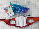 Orange and white Elf Ears Face Mask for all ages, with two shiny fish-like fabric pieces, featuring a Kikimora Fashion tag—perfect gift for fans of sustainable fashion and Mandalorian Baby Yoda. Made in USA.