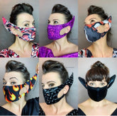 Six women wear Elf Ears Face Masks, featuring funny designs inspired by Mandalorian Baby Yoda. Made in the USA, these masks are a unique gift for men or women and showcase creative, sustainable fashion for all ages.