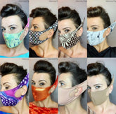 A woman displays eight Elf Ears Face Masks—funny, sustainable masks for all ages and genders, inspired by Mandalorian Baby Yoda, made in the USA—in a collage from Kikimora Fashion.