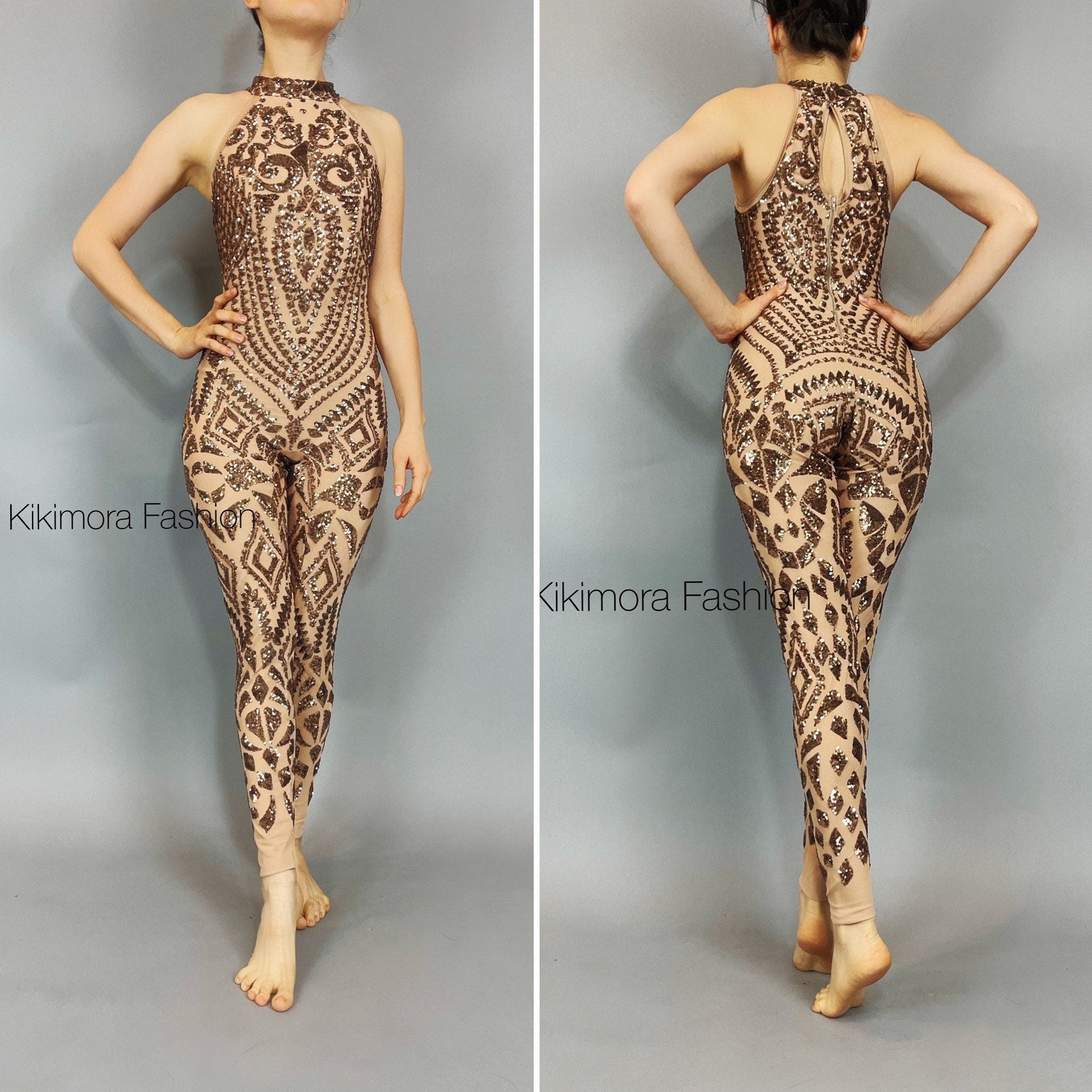 Person modeling the Sequin Jumpsuit with a brown and beige pattern, resembling a custom circus costume, shown in front and back views.