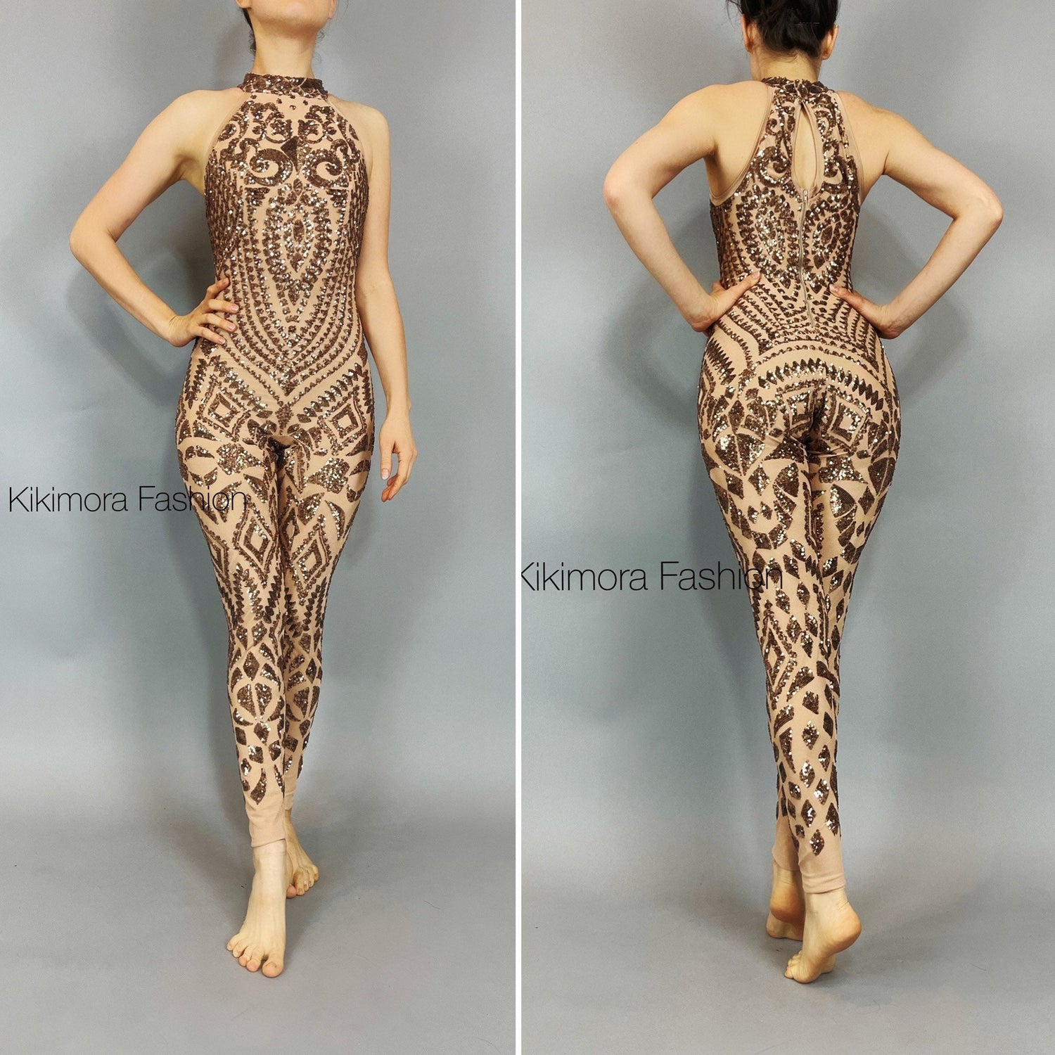 Person modeling the Sequin Jumpsuit with a brown and beige pattern, resembling a custom circus costume, shown in front and back views.