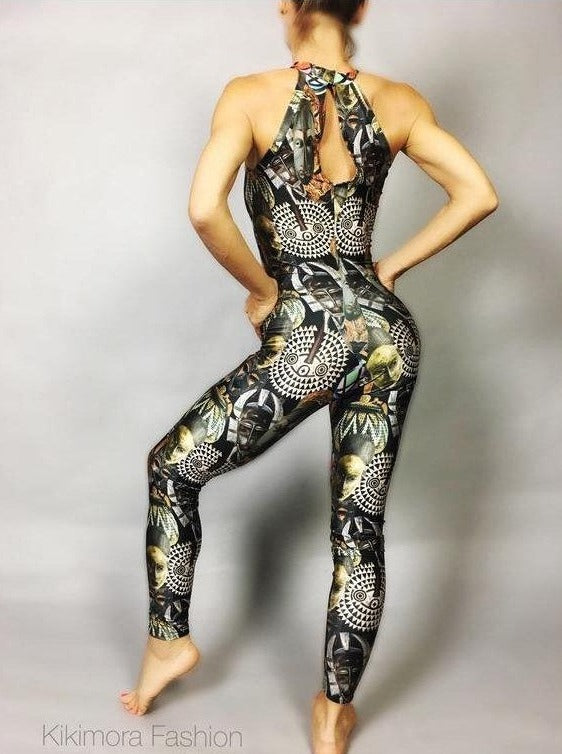 Spandex catsuit, yoga jumpsuit, African mask print, Lycra bodysuit for –  Kikimora Fashion Store