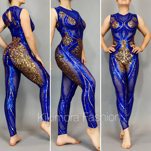 Bright Blue Shiny Sequin Catsuit, Bodysuit for Gymnasts, Bridal Catsuit, Wedding, Jumpsuit for Dancers, Contortionists, Circus Costume