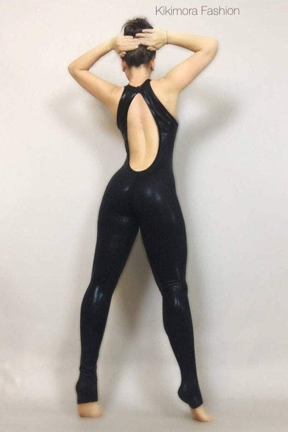 Tear Drop Back, Bodysuit Catsuit Costume for Gymnasts, Circus Dancers, Black Holographic Lycra, Aerial Silk Outfit, Elegant Open Back
