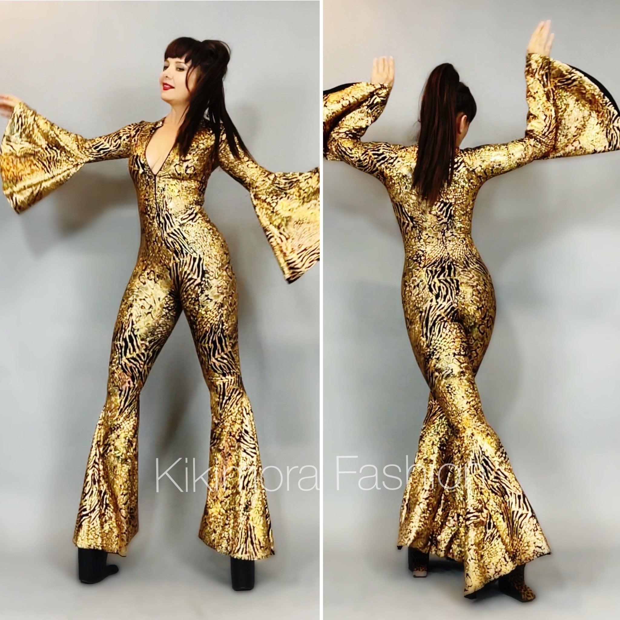 A woman models an elegant Disco Jumpsuit with flared sleeves and bell-bottom legs, featuring gold and black patterns, striking playful poses.