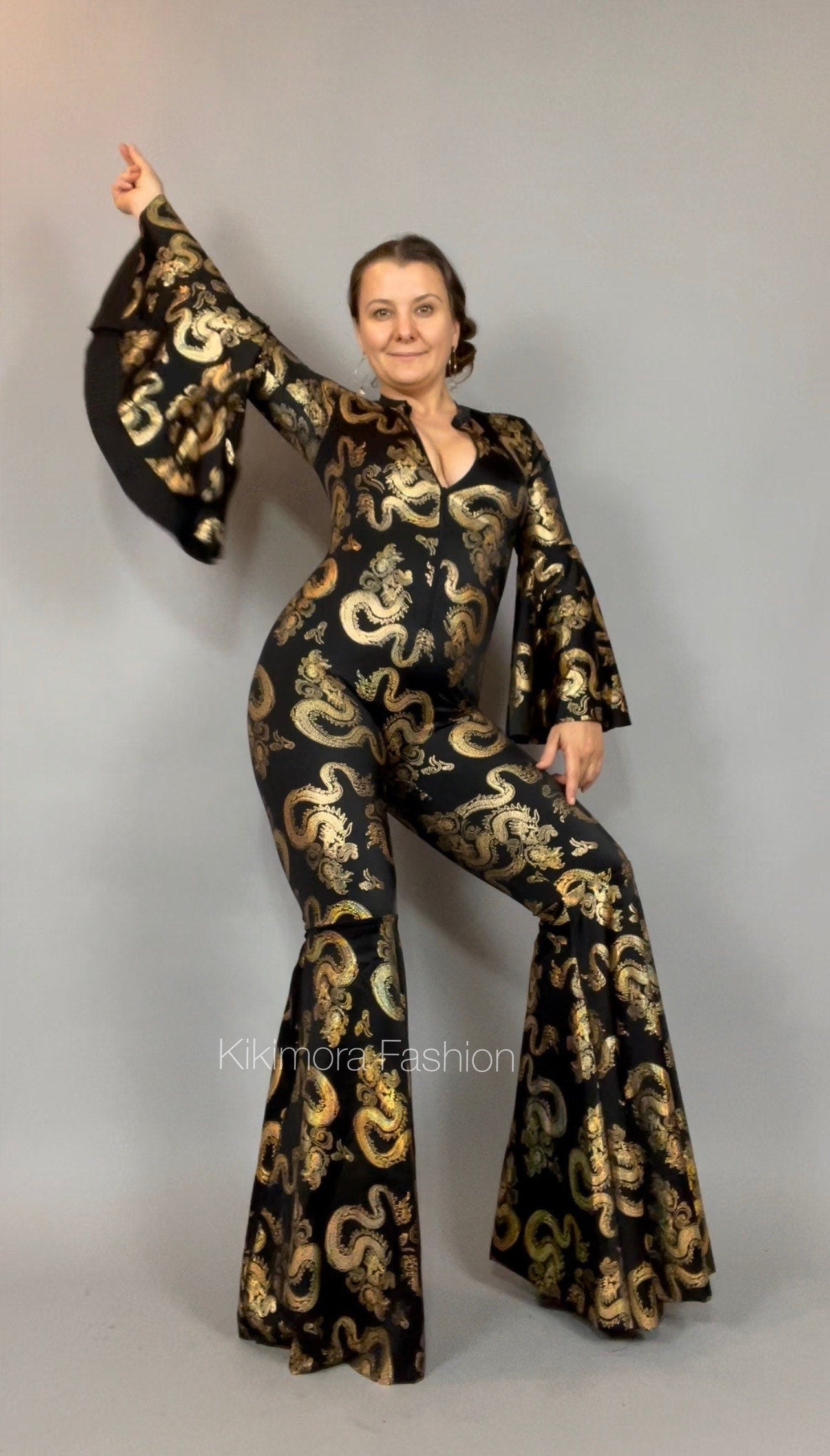 Disco Jumpsuit, Custom Bell Bottom Catsuit, Elegant Party Jumpsuit, Made by Measure, Dragon Print