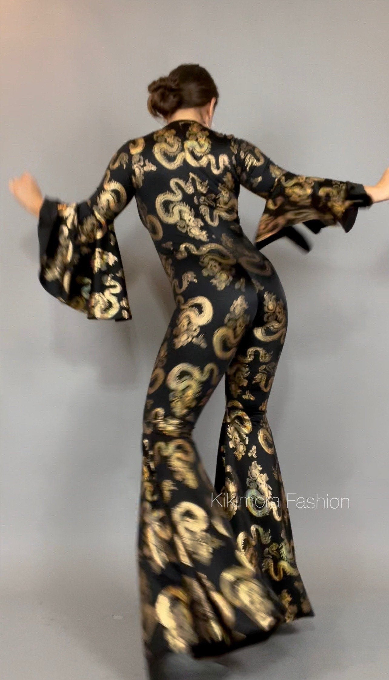Disco Jumpsuit, Custom Bell Bottom Catsuit, Elegant Party Jumpsuit, Made by Measure, Dragon Print