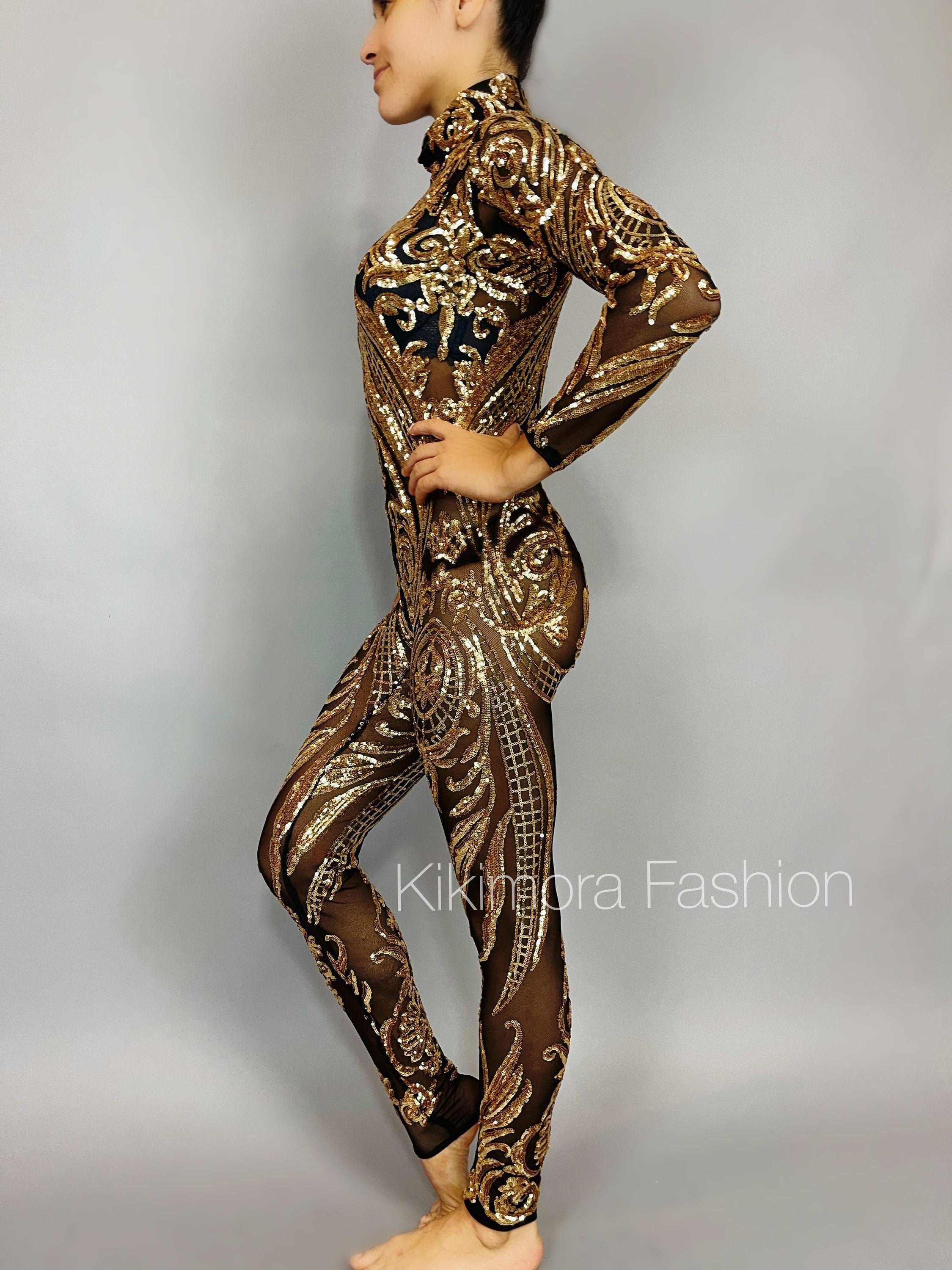 Sequins Catsuit, Headpiece, Gloves, Skirt, Futuristic Clothing, Exotic Dancewear, Circus Party Outfit