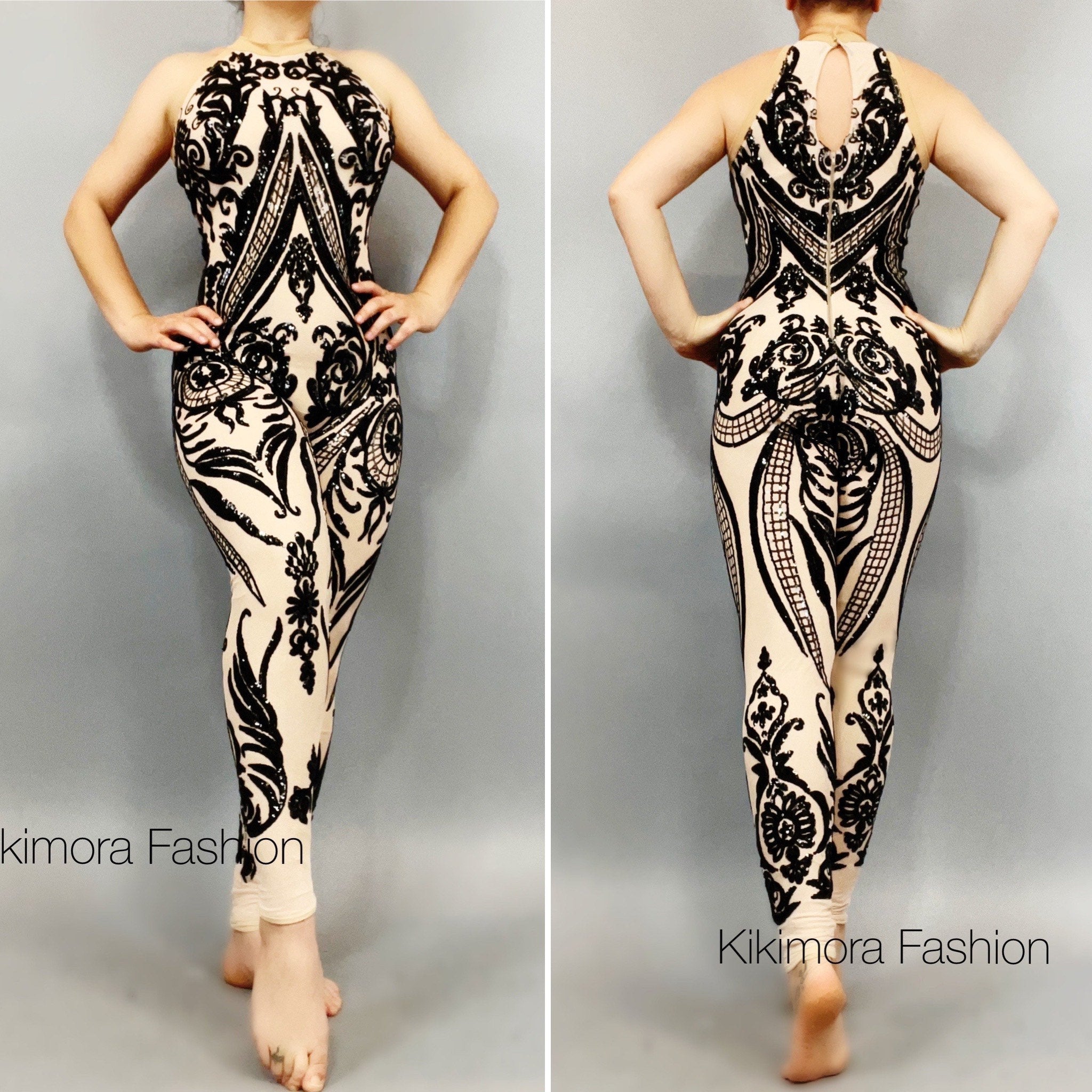 A model showcases a sleeveless black and beige catsuit with intricate patterns, similar to a dazzling showgirl costume. Photographed from the front and back, it is the Sequins Jumpsuit, a beautiful custom-made piece from Exotic Dancewear that&