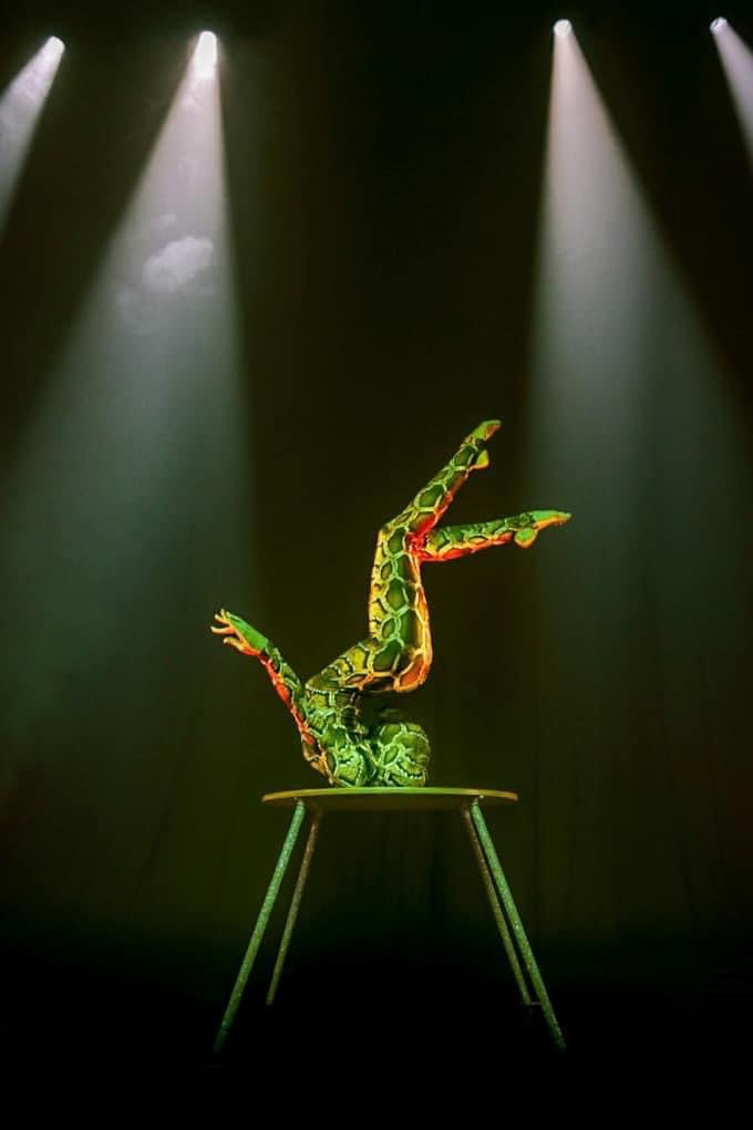 In the spotlight, a performer in an Elegant Swimwear UV-protective jumpsuit, designed with 4-way stretch Lycra, gracefully executes acrobatics on a platform.