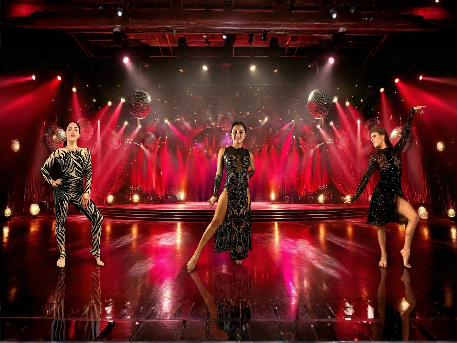 Three women in black and gold dance costumes pose on a shiny stage with dramatic red and gold lighting.
