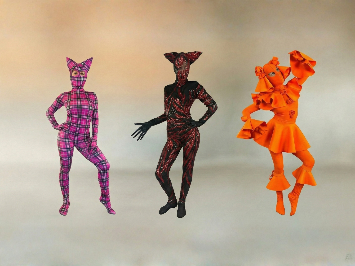 Three people in colorful, abstract cat-inspired costumes pose against a neutral background.
