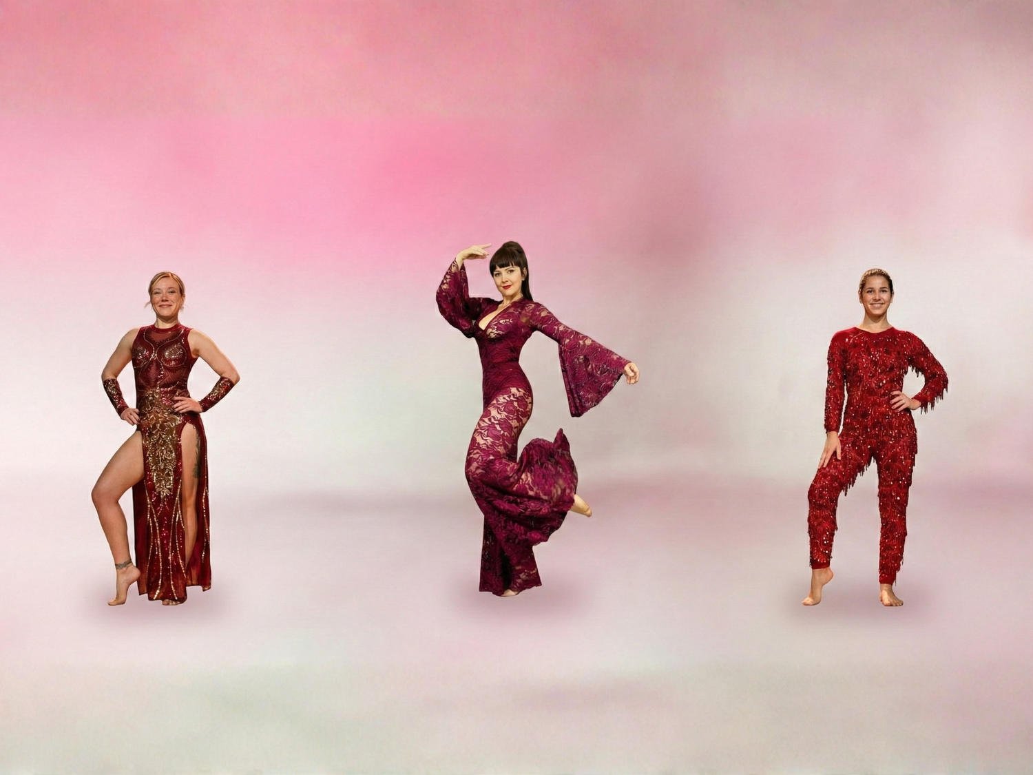 Three women in red dance costumes pose separately against a pink gradient background.