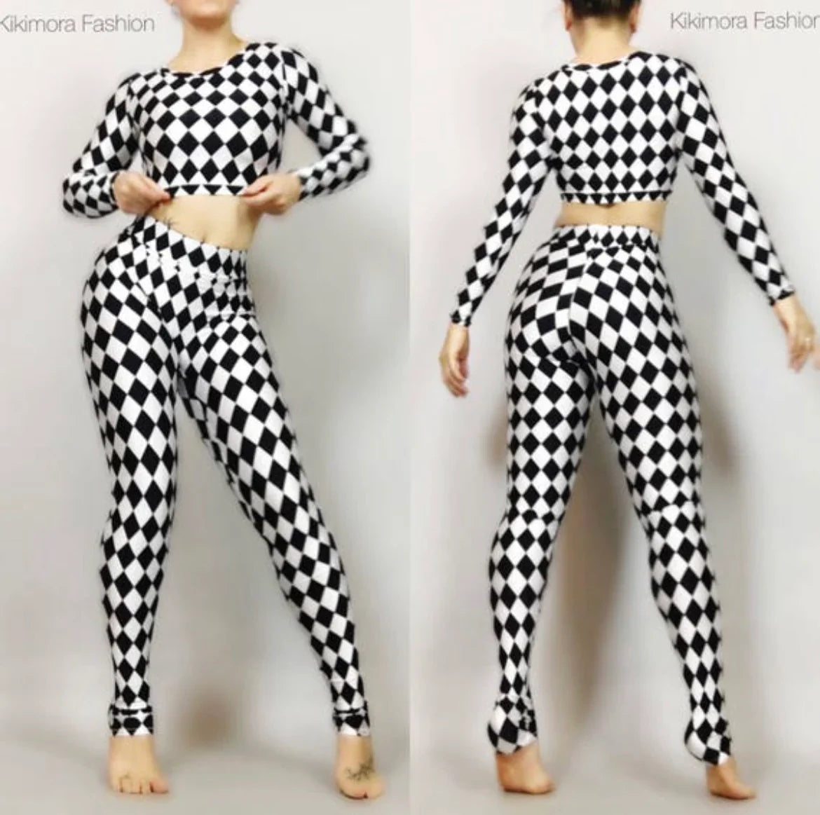 Woman wearing a black and white diamond-patterned long-sleeve crop top and matching leggings, shown front and back.