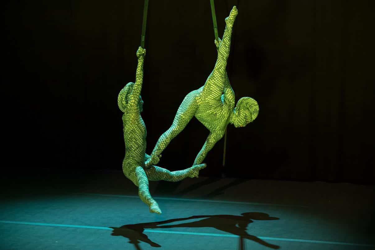 Two acrobats in Green Pixel Cobra Costumes—snake print catsuits and serpent headdresses—perform aerial poses on a dark stage, their custom-made contortionist outfits shimmering under the spotlight.