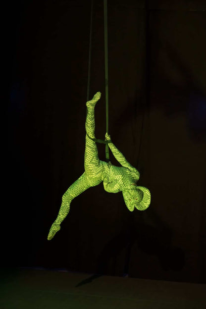 A performer in a Green pixel Cobra Costume Snake Print Catsuit hangs upside down on straps against a dark background, showcasing the custom-made serpent cosplay dance unitard.