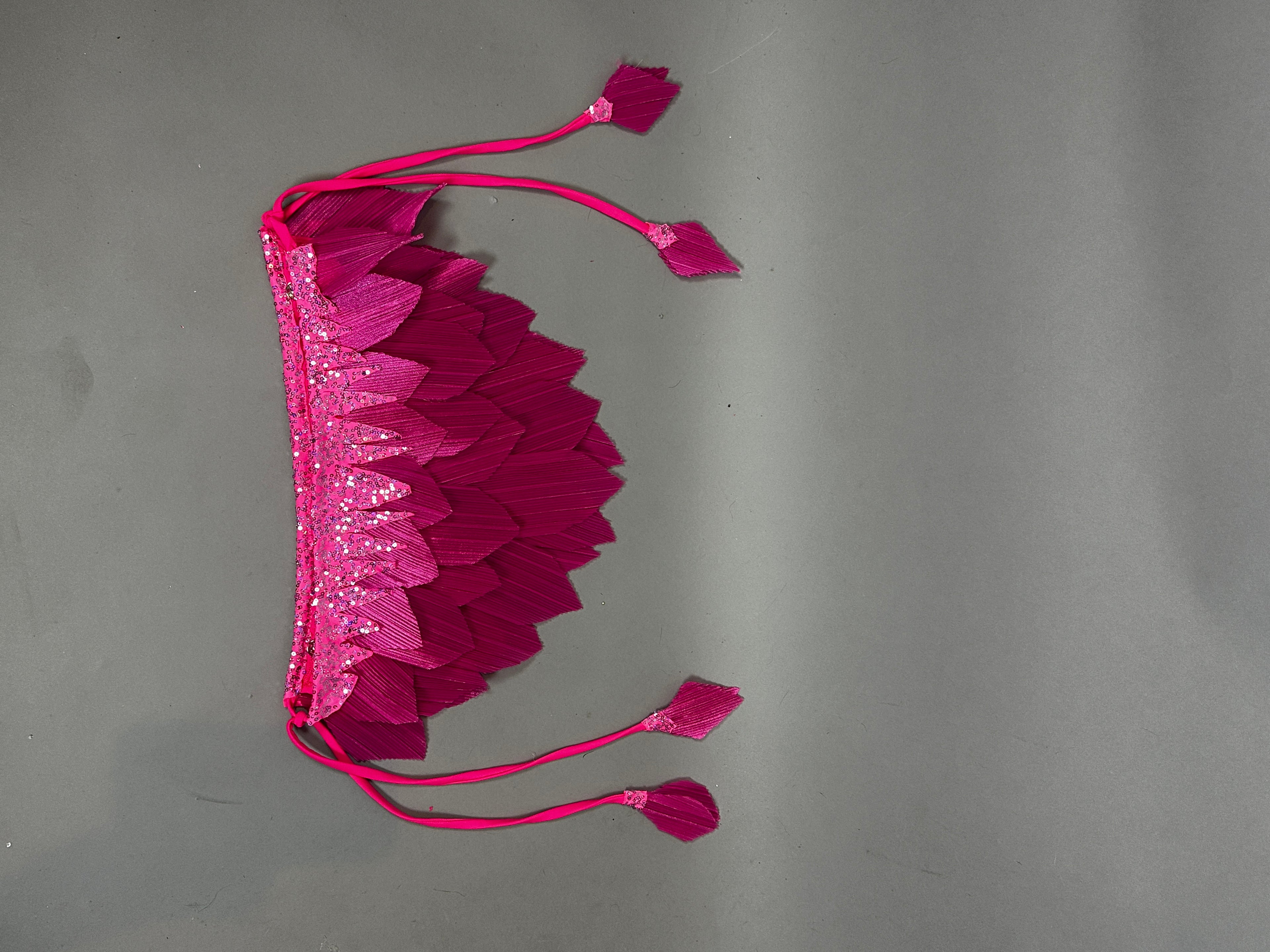 The Pink Bird full costume, perfect for aerial gymnastics, dancers, and TV productions, features tasseled pink decorative trim with sequins—ideal for performance outfits—displayed on a plain gray background.
