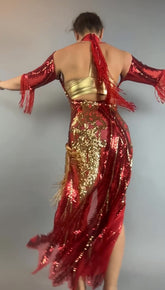 Person wearing the bearded French accessories Sequin Sheer Dress, featuring a backless design and beaded fringe accessories, arms outstretched and seen from behind.