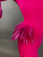Model wearing the Pink Bird Full Costume for aerial and dancers, featuring pleated and sequined feather-like hip details, shown against a plain background.
