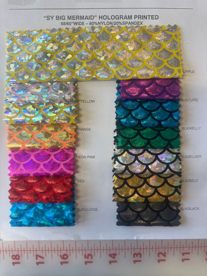 Red holographic mermaid scale fabric swatches, ideal for a Red Ruffle Catsuit or asymmetrical bodysuit, are arranged in a G shape on a white background.
