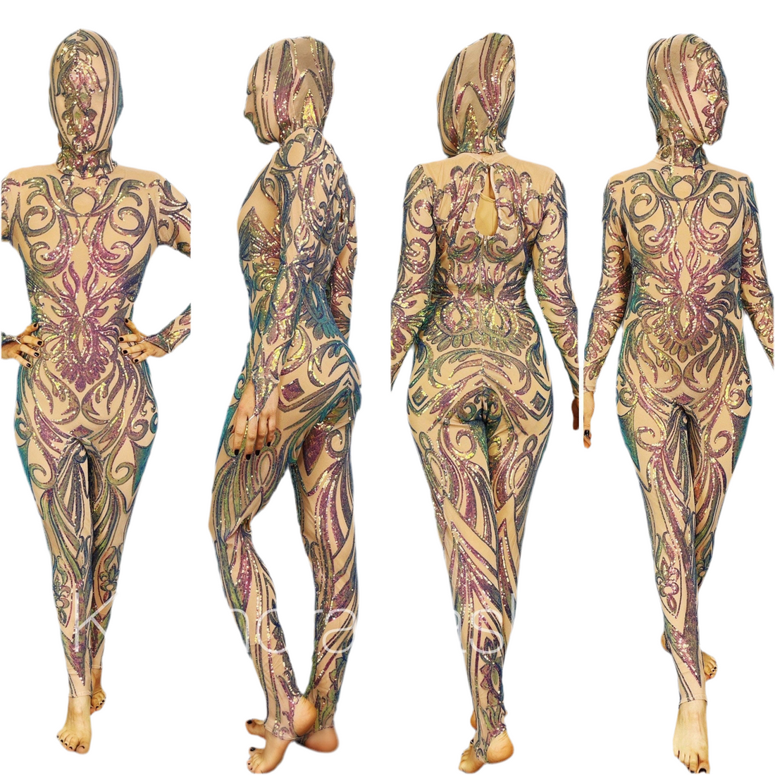 Four views of a person in a custom Spandex Catsuit featuring intricate designs and full head covering. This exotic dancewear bodysuit, suitable as bridal attire, dazzles with detailed patterns and shimmering sequin mesh.