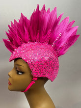 Mannequin head displays the Pink Bird Headpiece—an eye-catching sequin fairy hat accessory with tall, spiky feather-like accents—perfect for aerialists, festivals, theatrical costumes, and rave outfits.