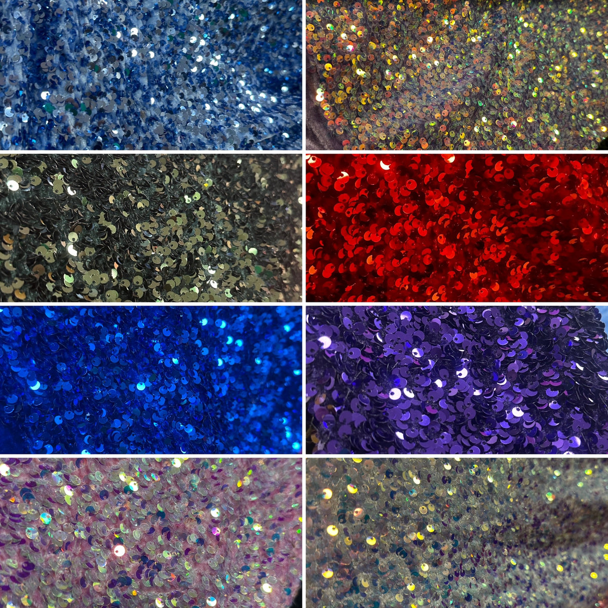 Eight close-up images showcase sequins in blue, gold, red, dark blue, purple, and holographic hues—ideal for adding eye-catching sparkle to stage costumes or bringing extra detail to the Black Sequin Leotard with Dramatic Cascading Skirt – Stage &amp; Performance Costume.